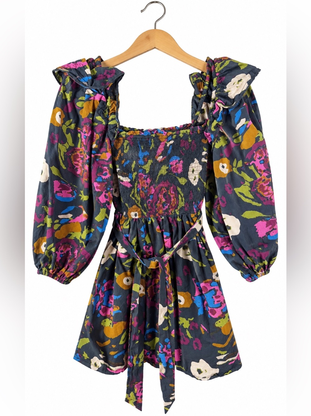 Cleobella Gray Multicolor Floral Smocked Mini Dress Small Puff Sleeve Romantic